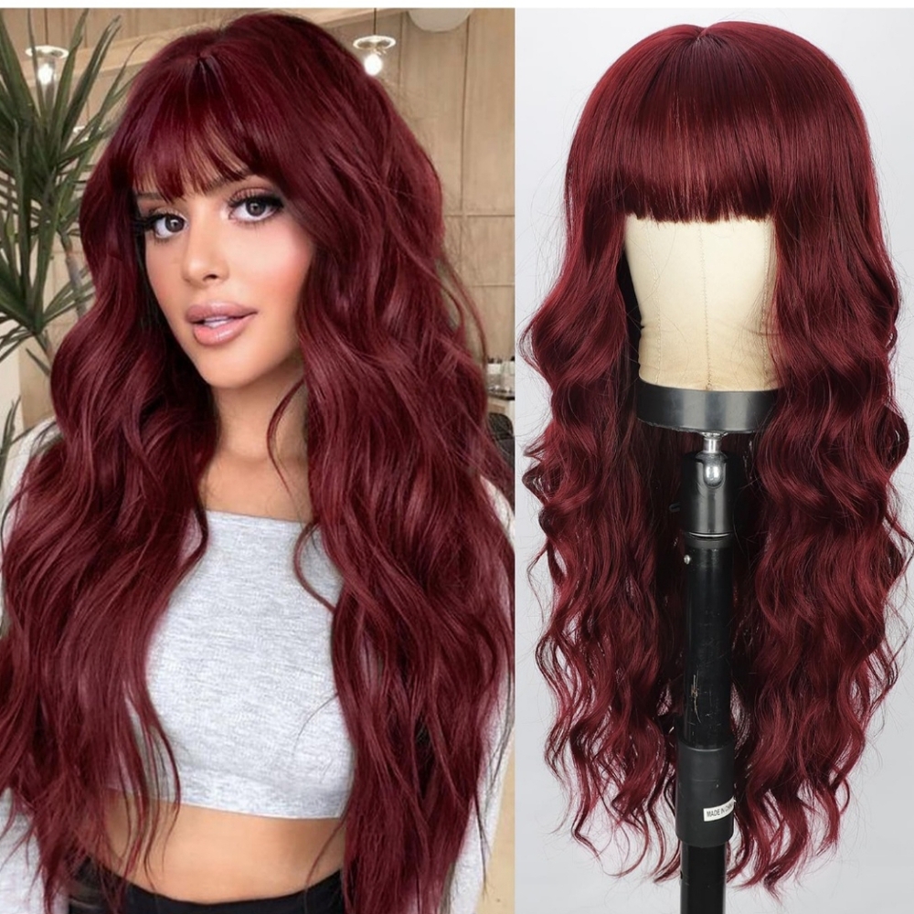 Long Wavy Wine Red Wig With Bangs